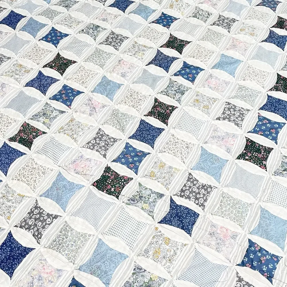 Vintage 1994 Cathedral Window Quilt White Blue Patchwork Floral 86 X 86